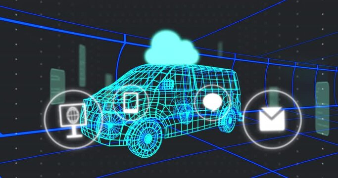 Animation of multiple digital icons over 3d van model moving in seamless pattern in a tunnel