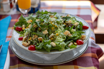 Steak salad, various types of lettuce with grilled beef steak and corn, popular mediterranean meal