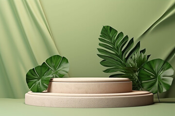 Retro podium for products ads with tropical leaf. Illustration. Minimal concept. Generative AI