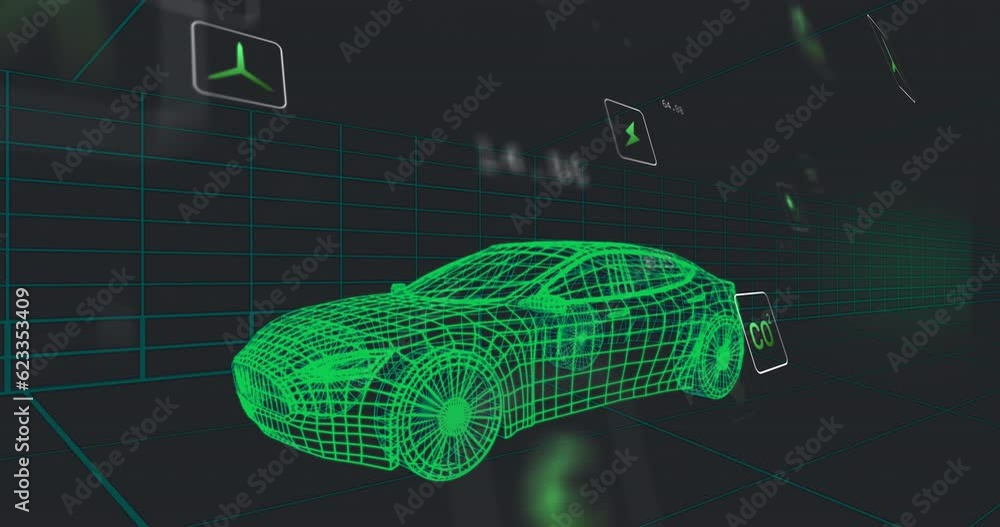 Poster animation of multiple digital icons over 3d car model moving in seamless pattern in a tunnel