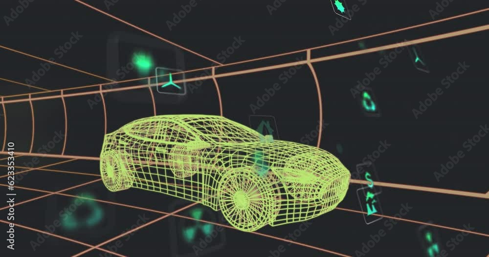 Poster animation of multiple digital icons over 3d car model moving in seamless pattern in a tunnel
