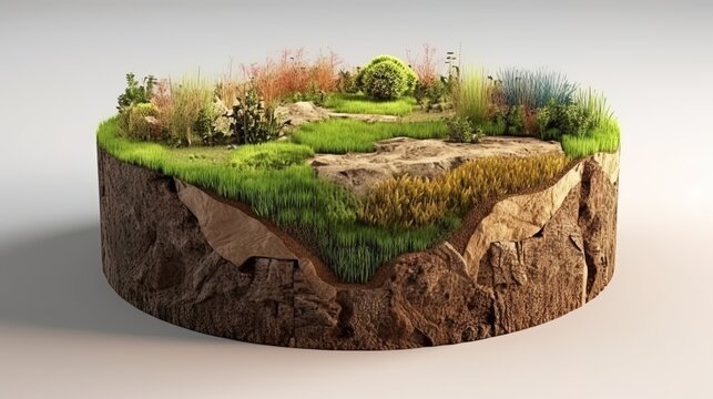 Earth land Soil layers 3D Illustration round soil ground cross section float landscape fantasy floating island.
