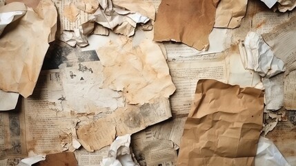 Fototapeta premium close up top view full vintage of Paper Scraps cutouts of authentic paper textures vintage newspapers and classic literature background