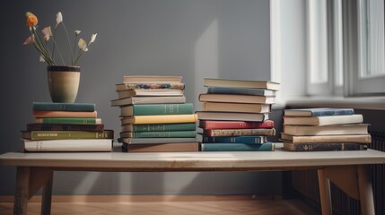 Books arrangement stack of books on table knowledge education WORLD BOOK AND COPYRIGHT DAY.