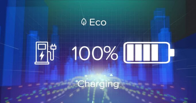 Animation of car charging interface and digital icons over light trails against 3d city model