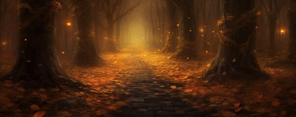 Dramatic autumn tree path, leaves falling and rainy Generative AI