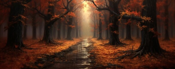 Dramatic autumn tree path, leaves falling and rainy Generative AI
