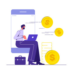 Earn money online, remote work, mobile marketing. Man sitting on the phone display and make money online or man receiving money through the mobile Screen