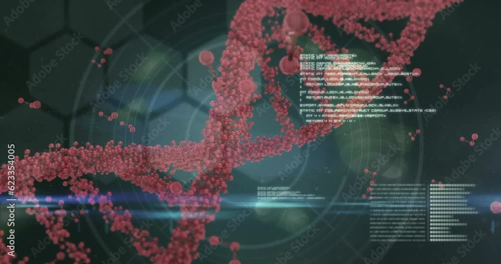 Poster animation of dna and molecular structure over data processing, hexagonal shapes and light spot