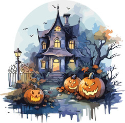 Halloween Haunted house with pumpkin kids and full moon. Halloween element. Halloween decoration.GenerativeAI.