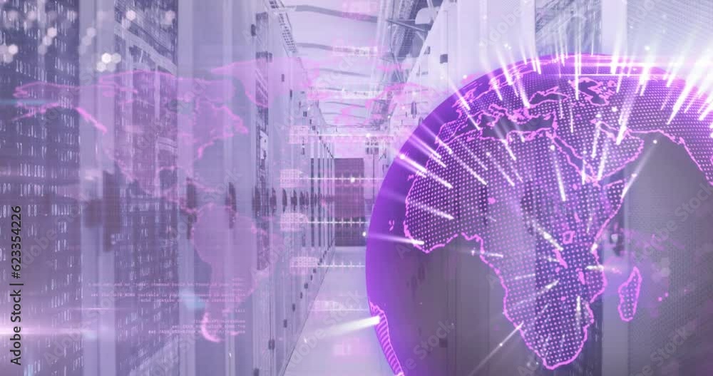 Poster animation of spinning globe and dna structure against computer server room