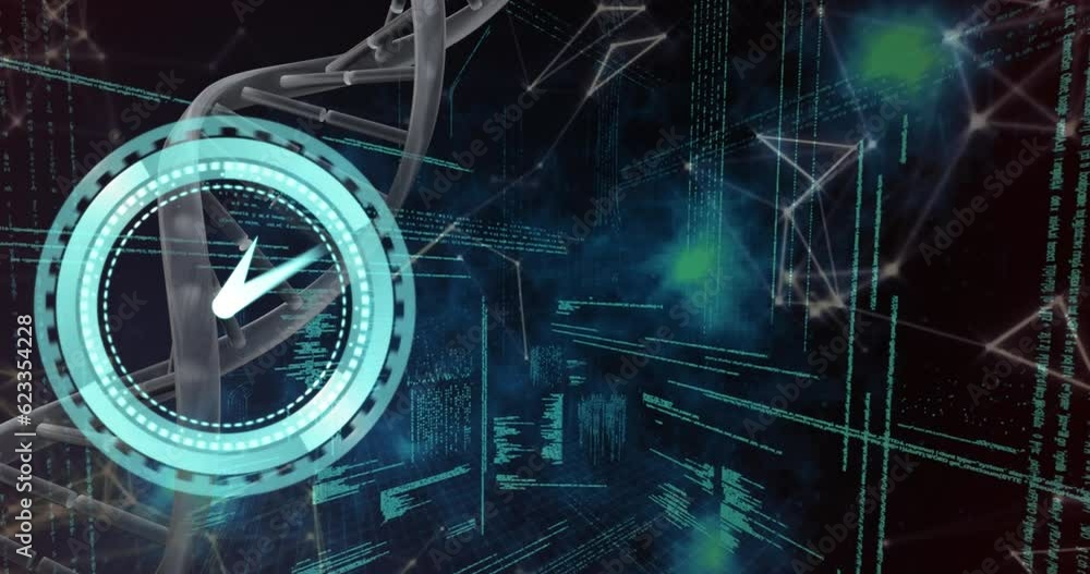 Poster animation of ticking clock and spinning dna structure against data processing and plexus networks
