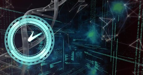Animation of ticking clock and spinning dna structure against data processing and plexus networks - Powered by Adobe