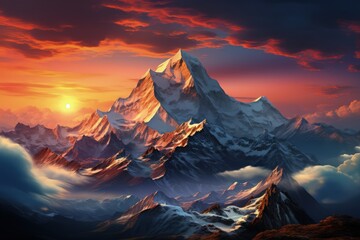 Fototapeta na wymiar Everest mountain in beautiful cinematic light, snowy mountains. Amazing landscape made with Generative AI