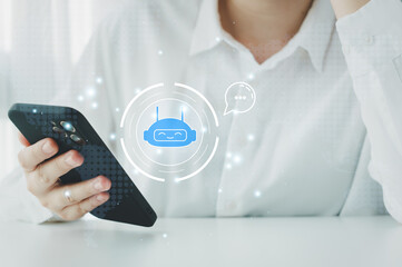 Technology, Digital Artificial Intelligence, Online service, Virtual assistant on internet, ask for answer, Communication. User using smartphone texting message to conversation with AI chatbot.