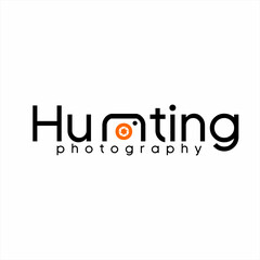 Design of word " Hunting photography " with camera icon on letter N. Can be used for design element on posters, banners of photography activities.