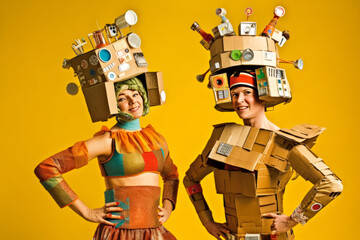Catchy scene of two women in humorous cardboard robot costumes advocating waste reduction and recycling with a natural cardboard-hued backdrop. Generative AI