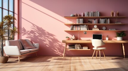 study room interior design with computers, bookcase chairs and tables and armchairs, minimalist style, modern home