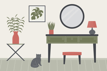 Interior design of a room with furniture. Table, boudoir, chair, mirror, table lamp, potted plants. A place of rest. Vector illustration in the flat style.