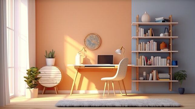 study room interior design with computers, bookcase chairs and tables and armchairs, minimalist style, modern home