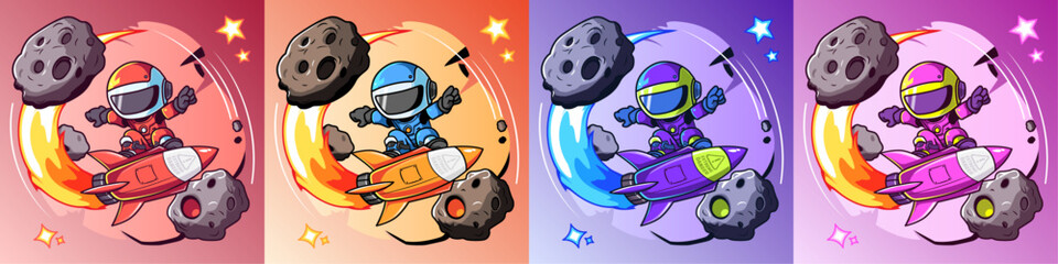 Colorful vector illustration of a cartoon astronaut surfing on a rocket through space, surrounded by asteroids. Dynamic fire trail from the rocket adds excitement. Multiple color variations available