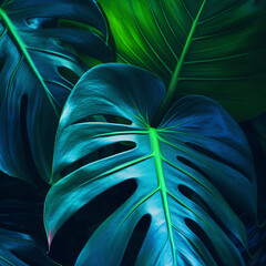 Tropical Summer Background, Palms, and Monsteras Exotic leaves with a Green Glow - Close-Up Delight
