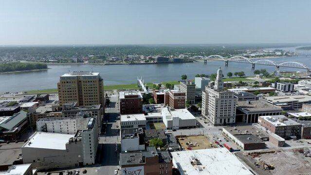 Downtown Davenport, Iowa with drone video moving in a circle.