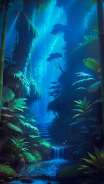 mysterious forest with fantasy blue lighting shades. Cartoon or anime watercolor painting illustration style. seamless looping virtual vertical video animation background.