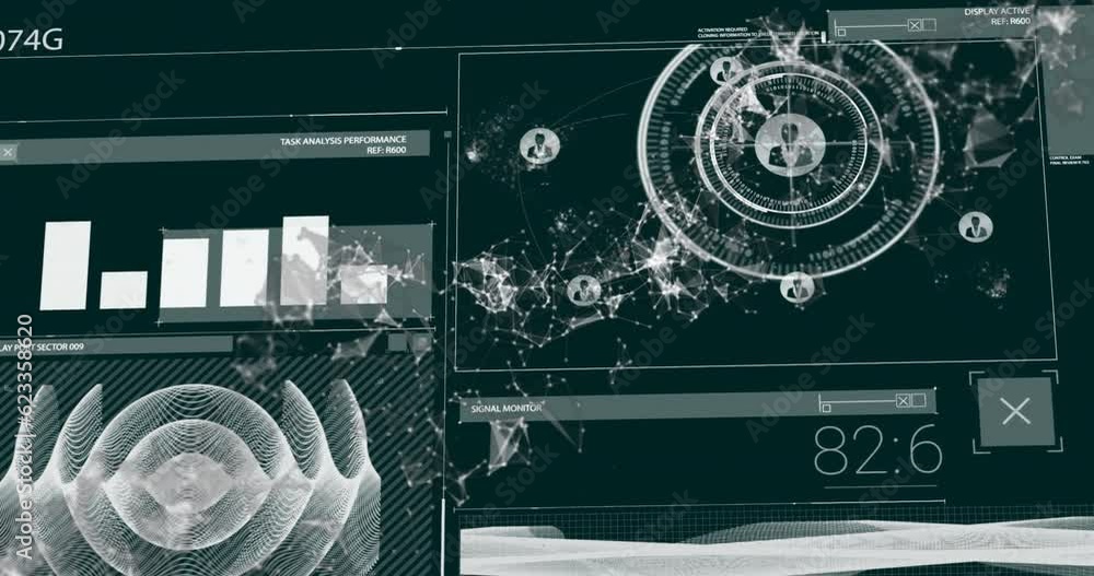 Poster animation of interface with data processing over spinning dna structure against black background