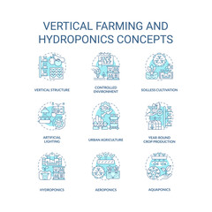 Fototapeta premium Editable blue icons set representing vertical farming and hydroponics concepts, isolated vector, thin linear illustration.