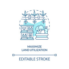 2D editable maximize land utilization icon representing vertical farming and hydroponics concept, isolated vector, thin line illustration.