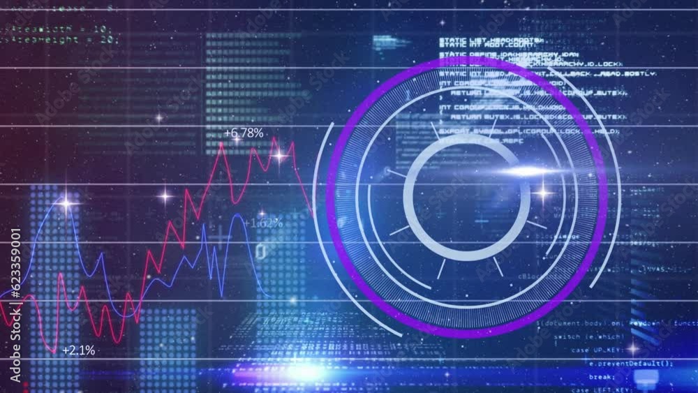 Poster animation of circles over binary codes and computer language against multiple graphs with numbers