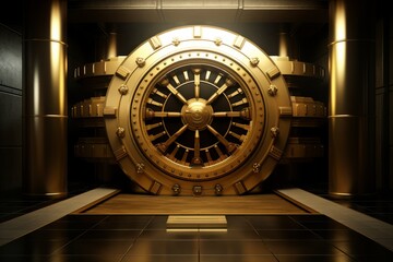 Golden Currency Vault Entrance with Deposit Box and Secure Door in a Luxurious Gold Frame, Copy Space, Generative AI