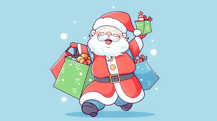 Cute Santa Claus shopping for Christmas presents. Blue background. Created with Generative AI.
