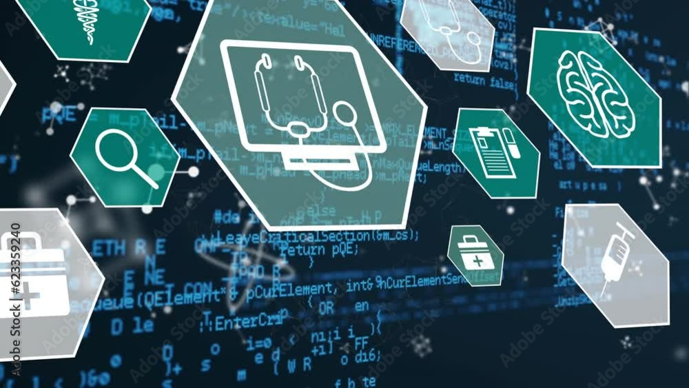Poster animation of icon in hexagons over physics diagrams against computer language in background
