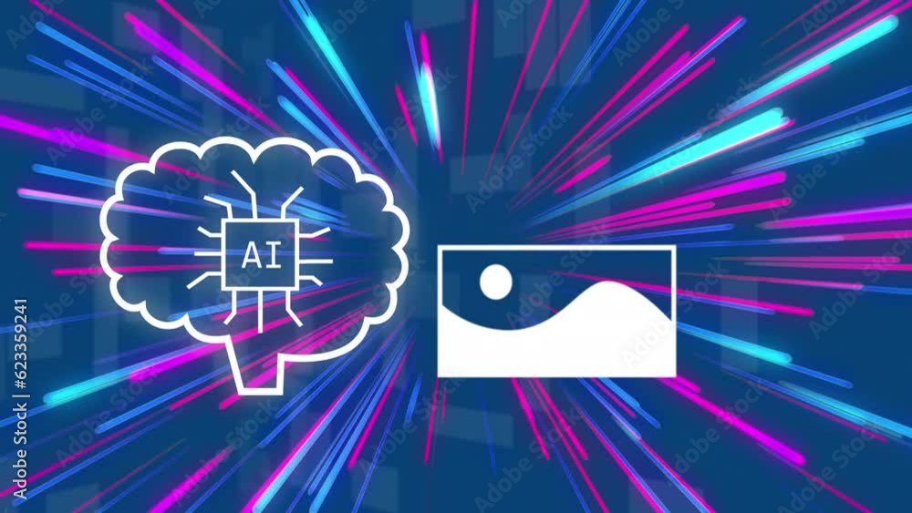 Poster animation of ai text in brain over multicolored lines and icons against blue background