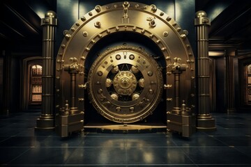 Luxurious Private Vault with Gold Door and Metal Door, Modern Bank Concept, Generative AI