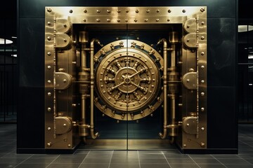 Luxurious Private Vault with Gold Door and Metal Door, Modern Bank Concept, Generative AI - obrazy, fototapety, plakaty
