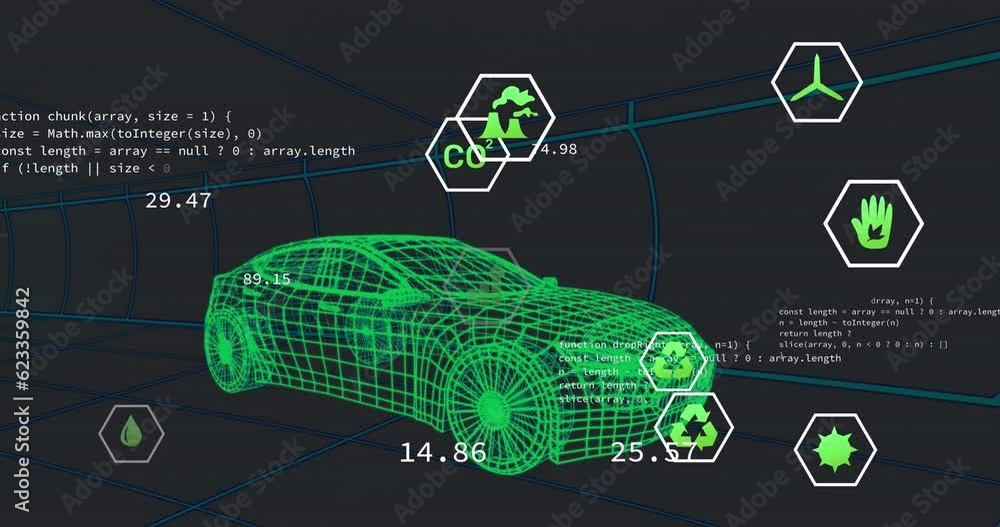 Poster animation of multiple digital icons over 3d car model moving in seamless pattern in a tunnel