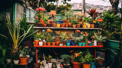 Fototapeta na wymiar a collection of clay flower pots with blossom flowers, ornamental home plants on the shelves of a street garden store, created with Generative AI Technology.