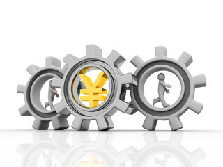 3d illustration Yen Symbol with business man in gear whee