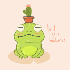 Cute pink illustration - frog with the pot plant, cartoon print, vector element, kawaii, cactus, flat style, kid, child, baby, card, sticker, relax, yoga