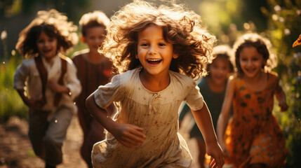 Fototapeta premium Happy kids playing outside and having fun together in summertime on sunset, a group of joyful friends walking in green park and hugging each other. Children and friendship concept