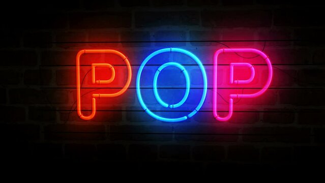 Pop music neon on brick wall. Disco dance popular 1980s art style  light color bulbs. Abstract concept 3d animation.