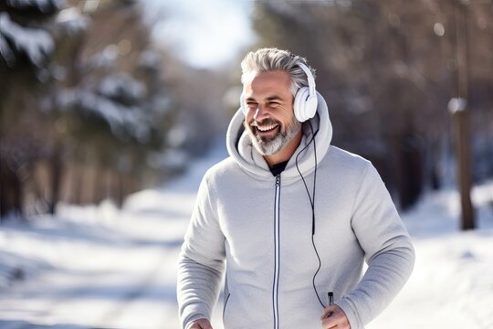 Smiling middle aged man during outdoor jogging workout in winter time. He running and listening to the music via headphones. Healthy lifestyle and outdoor workout concept.
