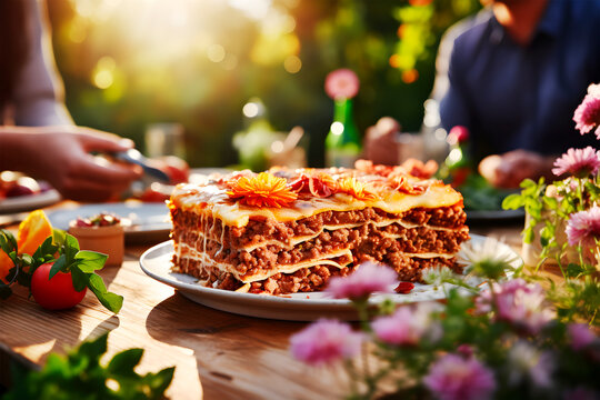 Gente feliz almorzando lasa&ntilde;a de carne en una hermosa mesa en el jard&iacute;n. Concepto de estilo de vida, comida y bebida en el exterior disfrutando de una fiesta en el restaurante.