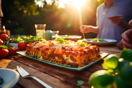 Gente feliz almorzando lasa&ntilde;a de carne en una hermosa mesa en el jard&iacute;n. Concepto de estilo de vida, comida y bebida en el exterior disfrutando de una fiesta en el restaurante.