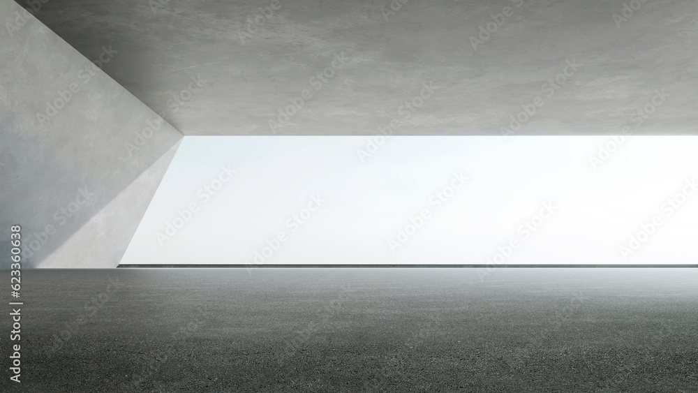 Aufkleber 3d rendering of empty concrete room with sunlight through the large window. Abstract architecture with cement floor.