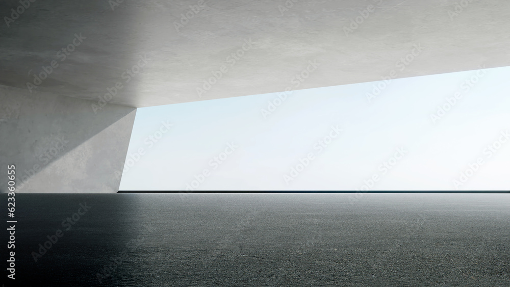 Fototapete 3d rendering of empty concrete room with sunlight through the large window. Abstract architecture with cement floor.