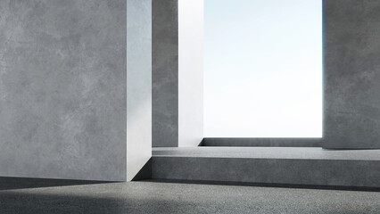 3d rendering of empty concrete room with sunlight through the large window. Abstract architecture with cement floor.